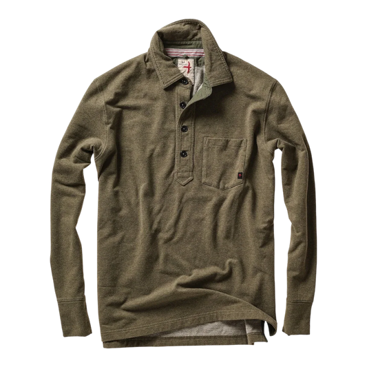 Relwen Mariner Polo in olive loden green with long sleeves and chest pocket