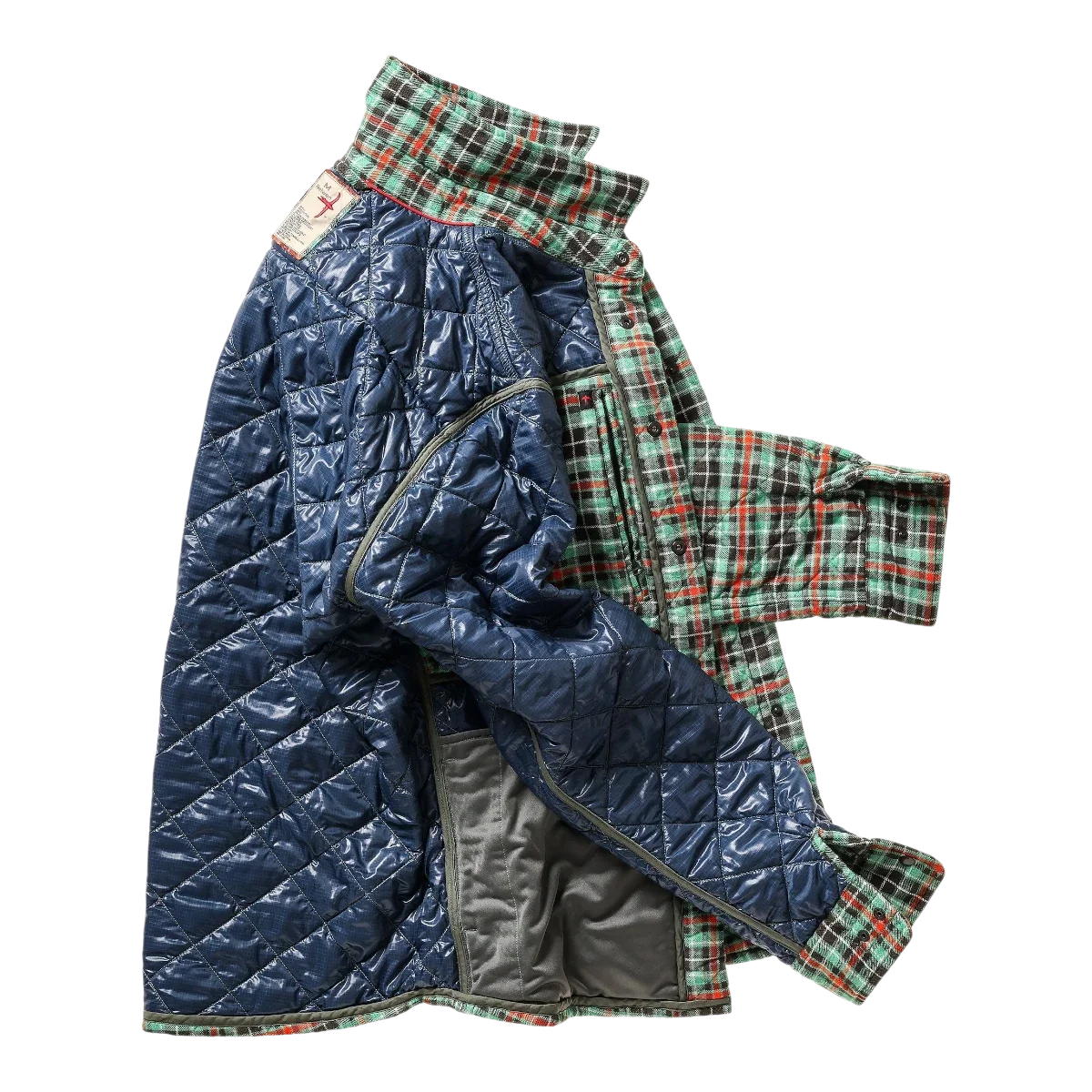Relwen quilted flannel shirt jacket in green multi plaid with navy quilted interior lining