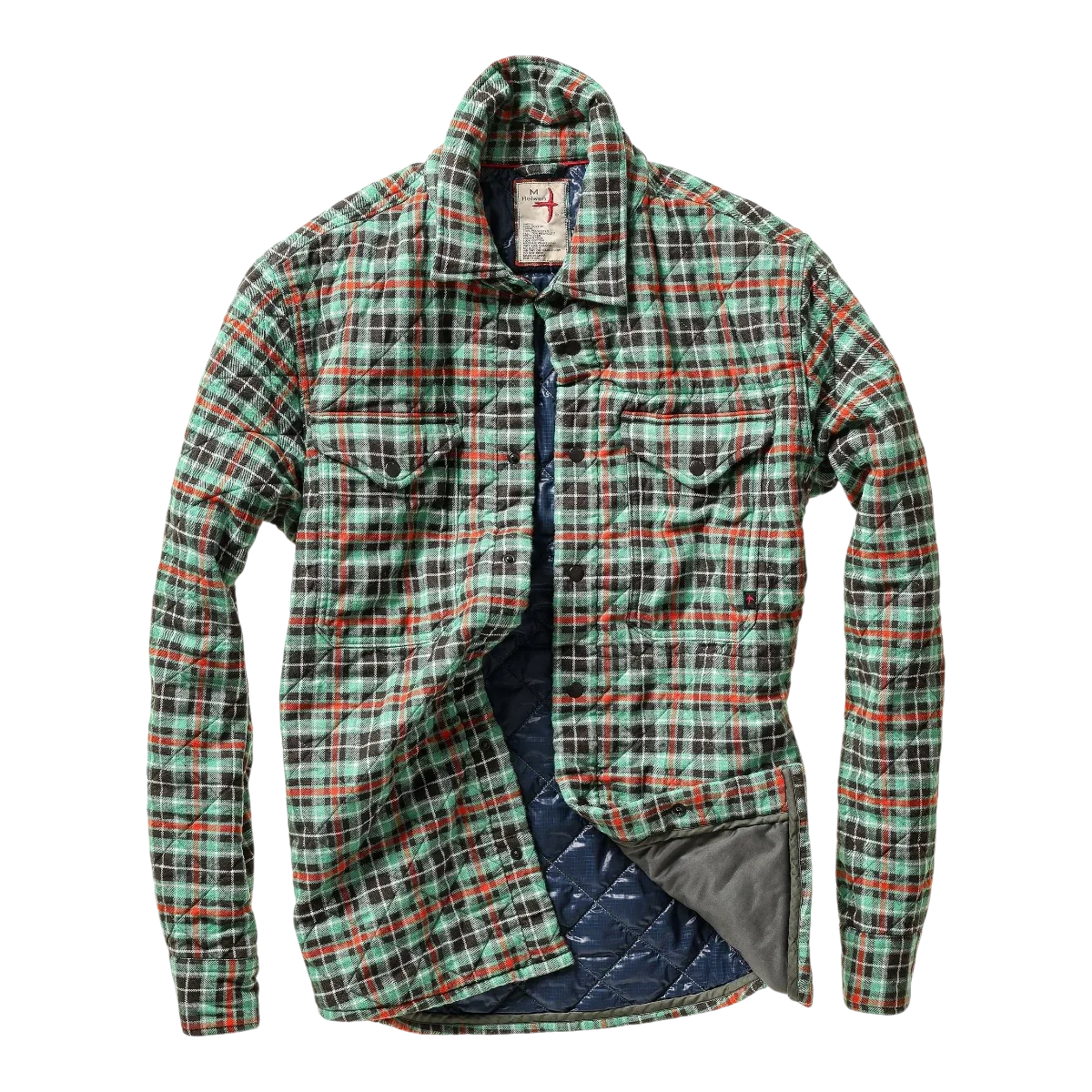 Relwen quilted flannel shirt jacket in green multi plaid with navy quilted lining