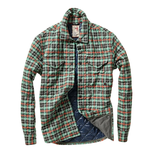 Relwen quilted flannel shirt jacket in green multi plaid with navy quilted lining