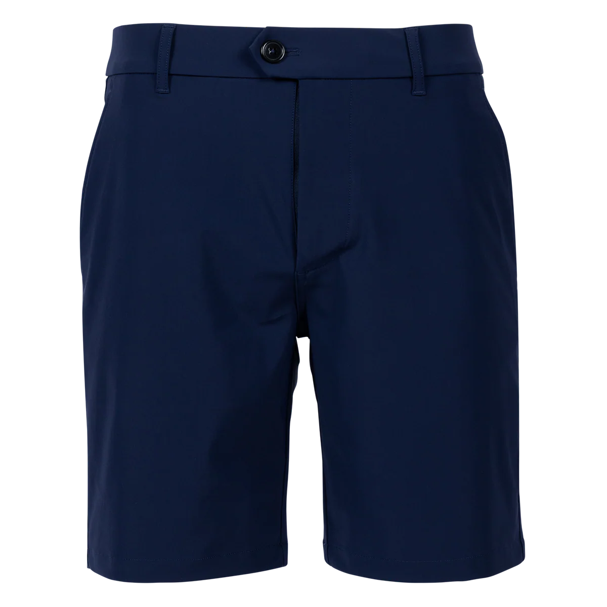 Greyson navy blue golf shorts with button closure and belt loops, front view on white background.