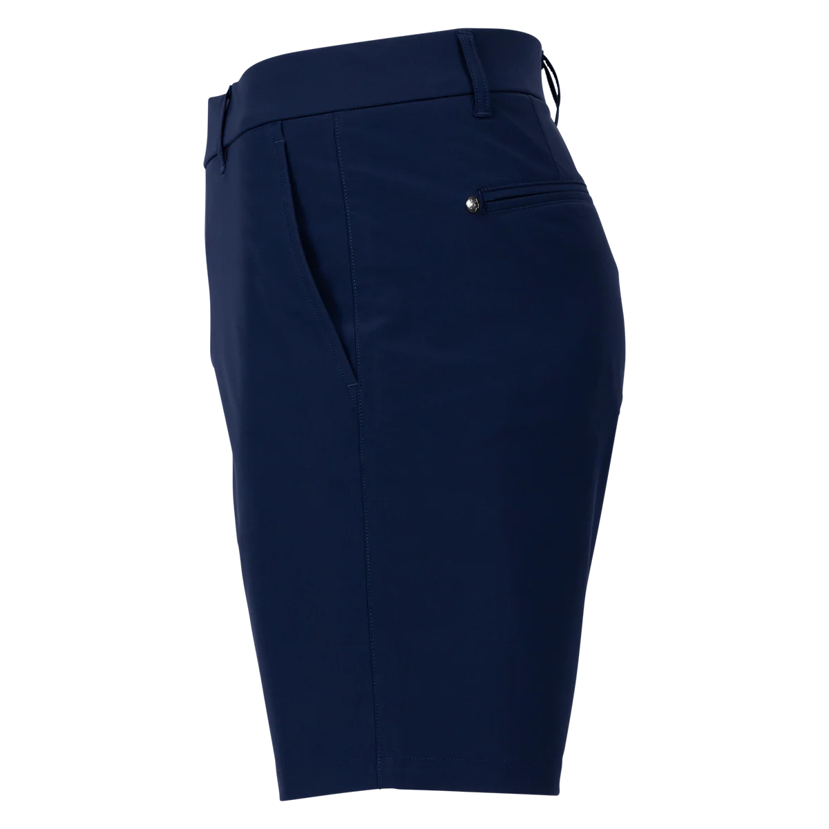 Greyson navy blue golf shorts shown from the side, featuring a belt, back pocket with button detail, and tailored fit.