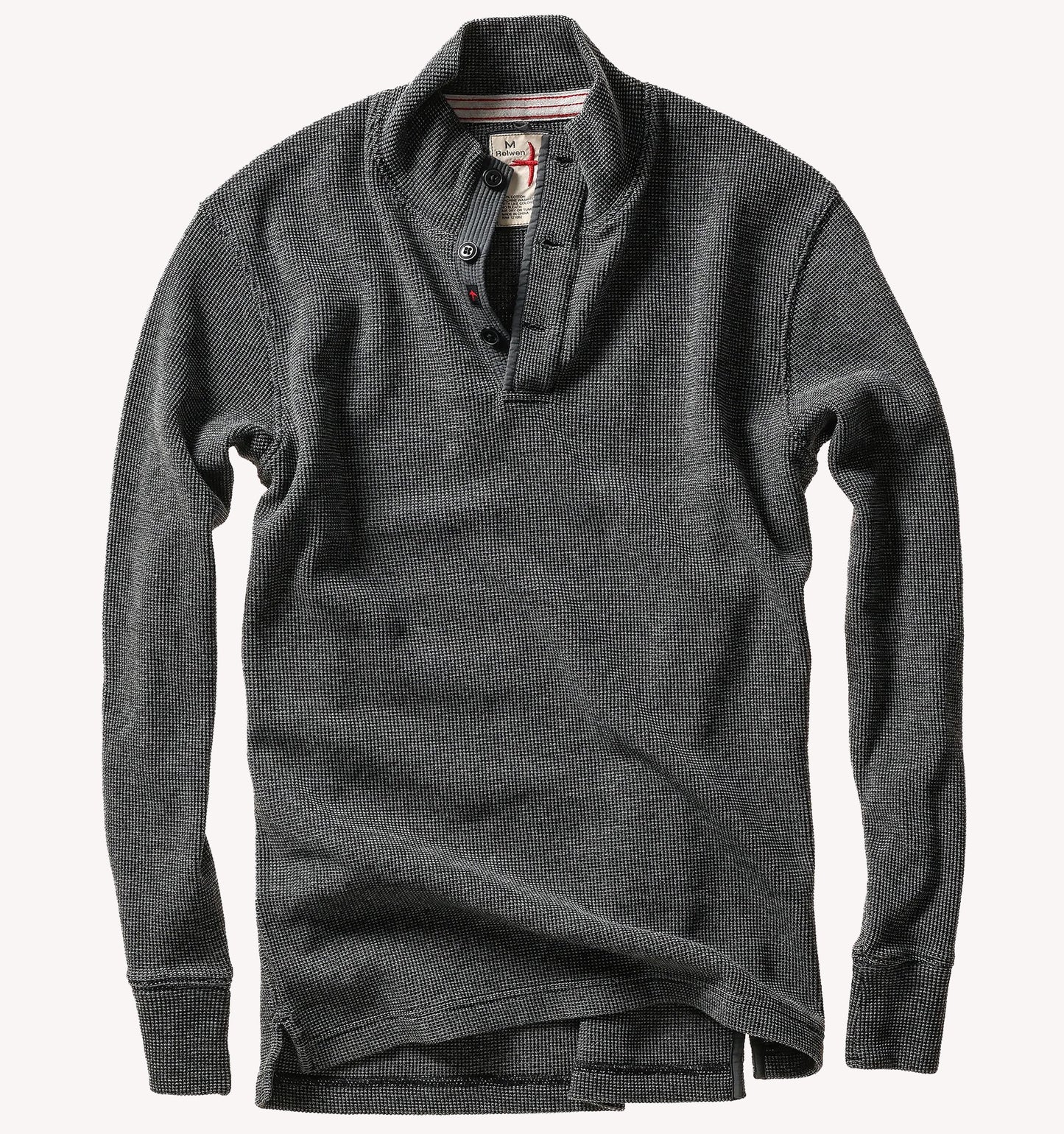 Relwen Bi-Waffle Mock long-sleeve henley in dark charcoal with button placket