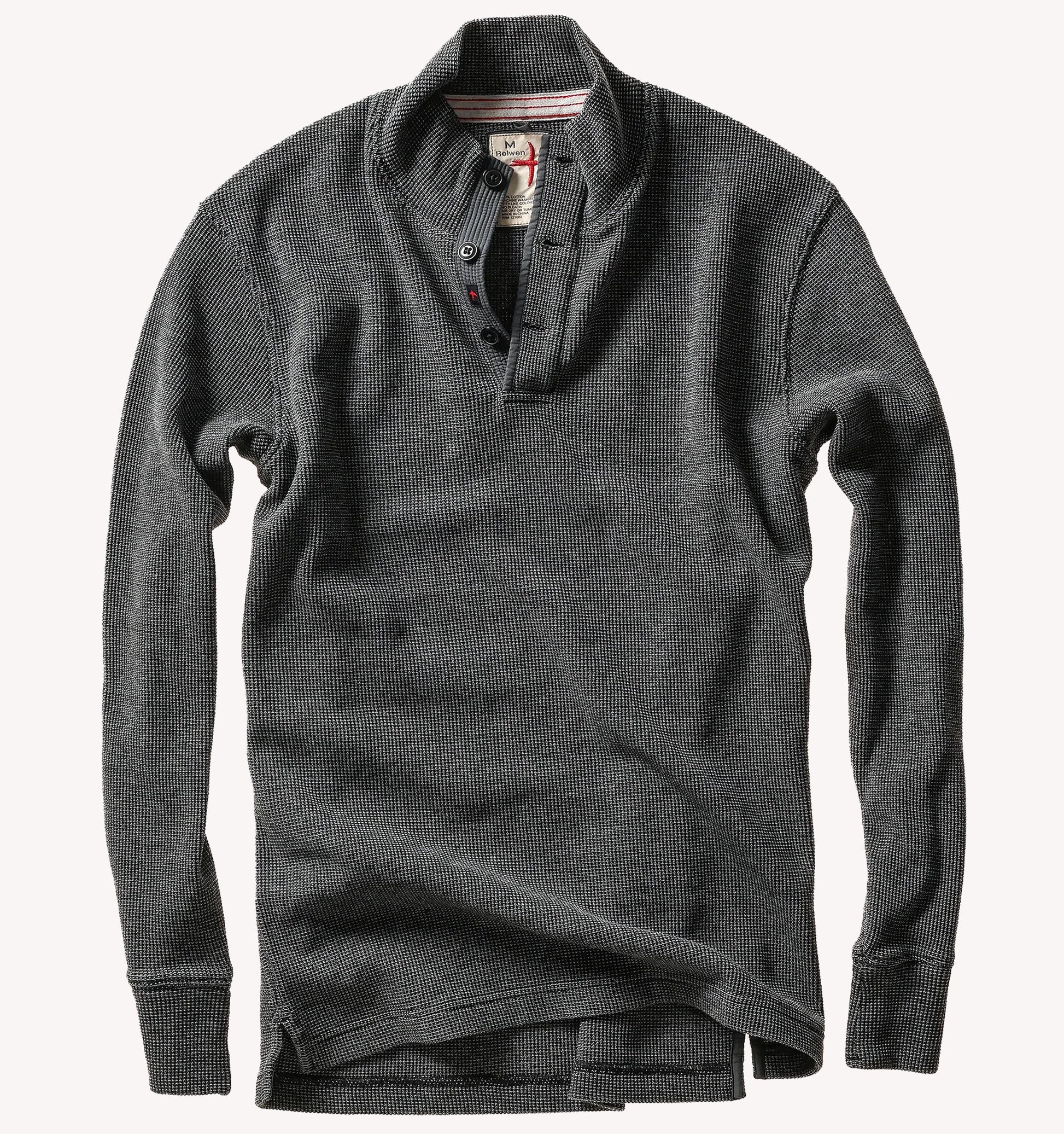 Relwen Bi-Waffle Mock long-sleeve henley in dark charcoal with button placket