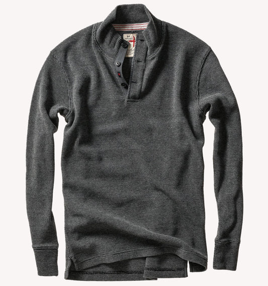 Relwen Bi-Waffle Mock long-sleeve henley in dark charcoal with button placket