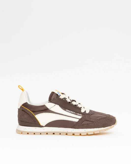 Oncept Toronto men's sneaker in espresso brown with cream panels and yellow accents