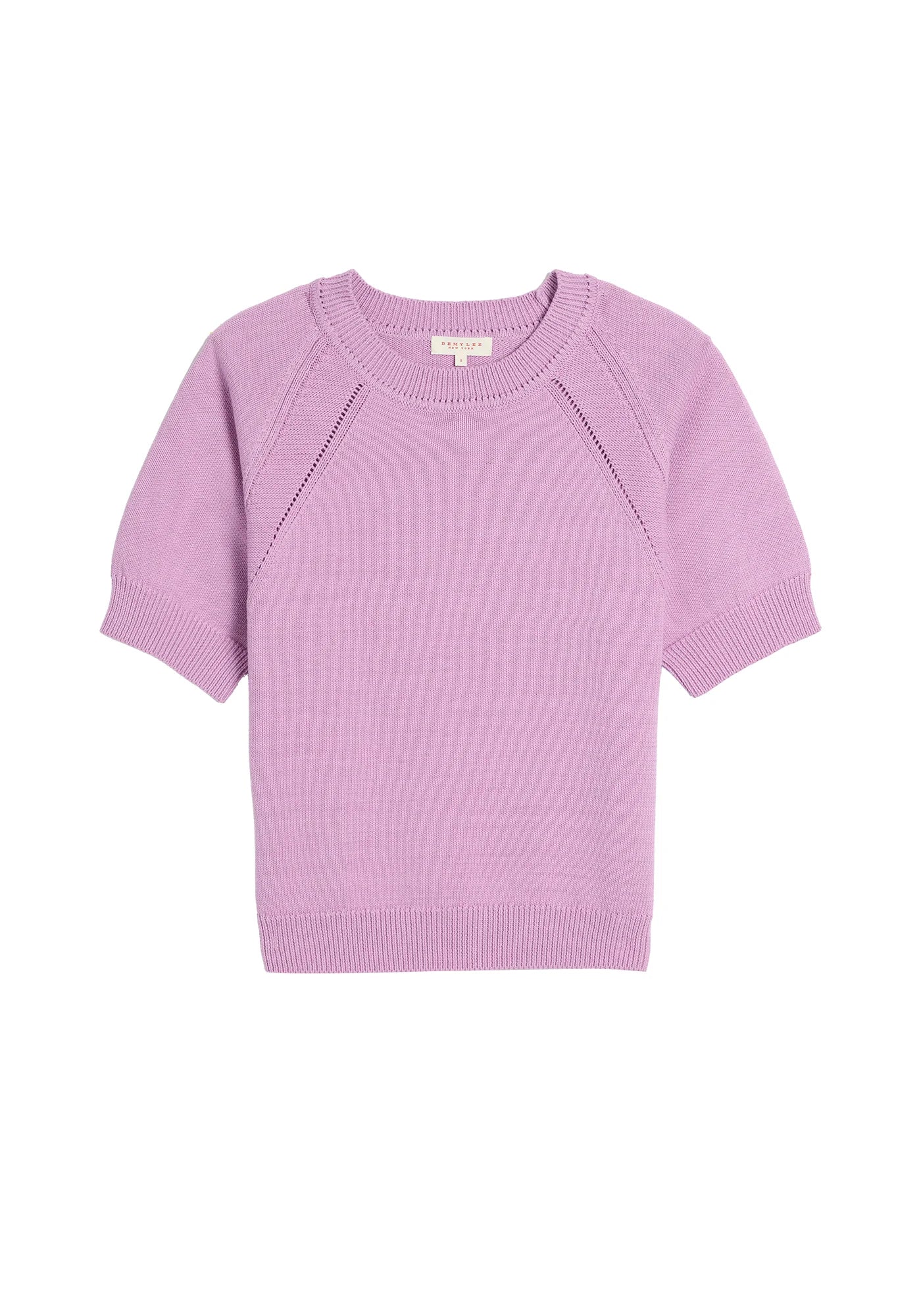Demylee Arden short-sleeve knit sweater top in orchid purple with ribbed neckline and cuffs