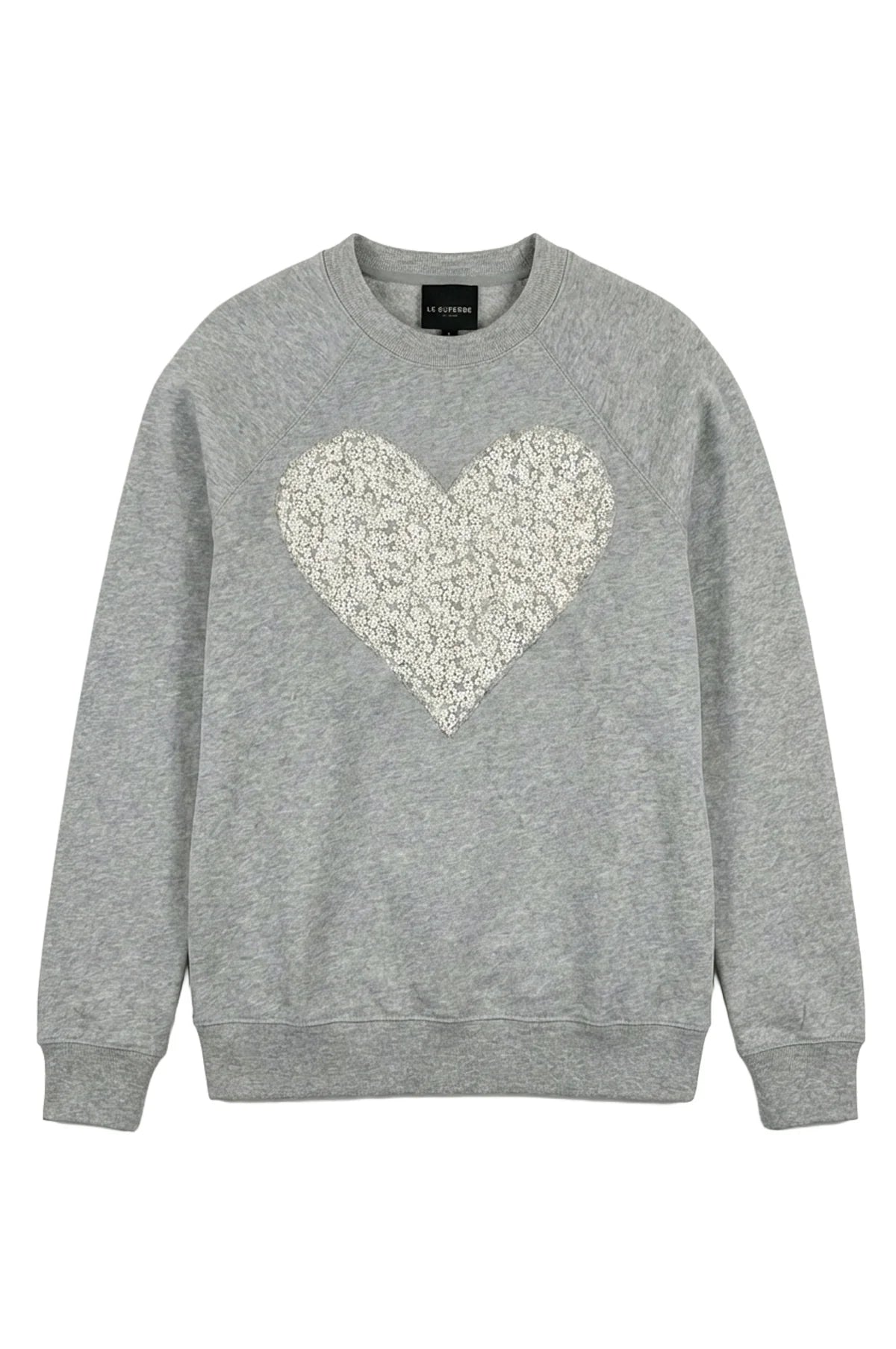 Grey crewneck sweatshirt with sparkly white heart design on front by Le Superbe