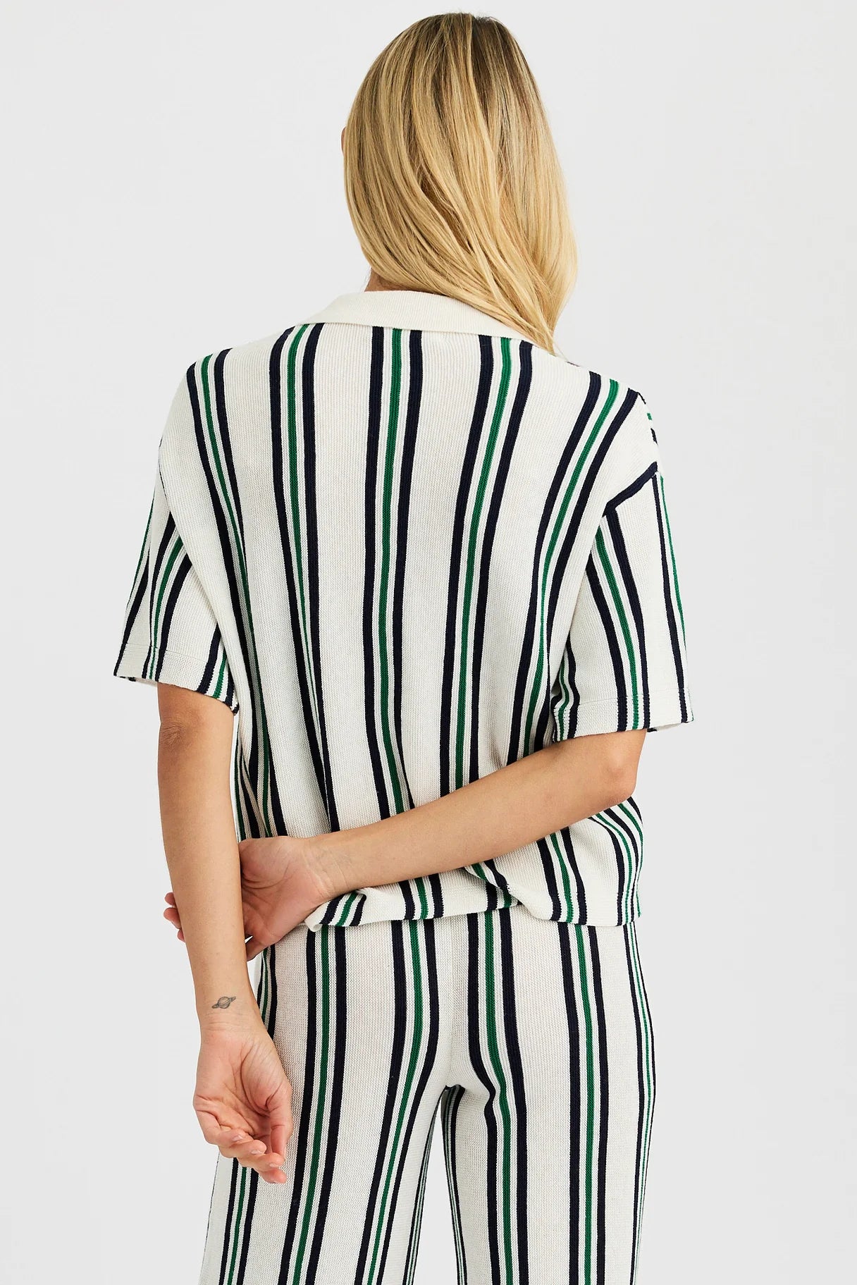 One Grey Day Rafa Shirt in vertical striped pattern, shown from behind on blonde model with short sleeves