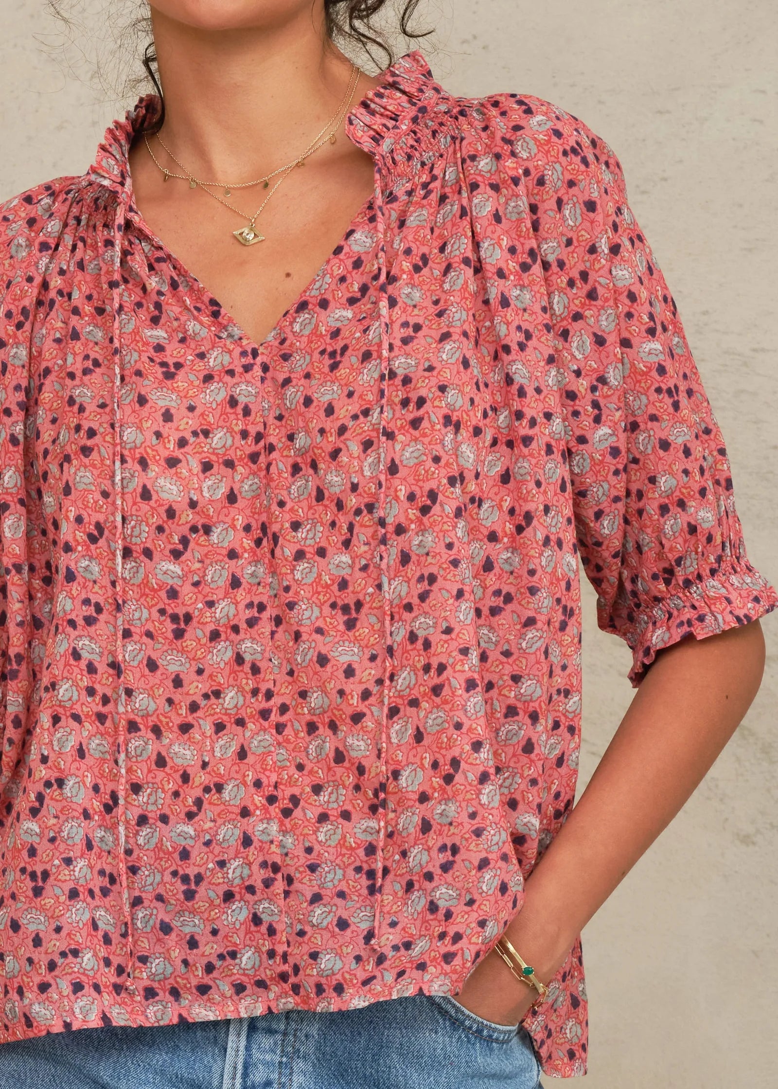 MABE Darla Print long sleeve top in rose multi floral pattern with V-neck and gathered sleeves