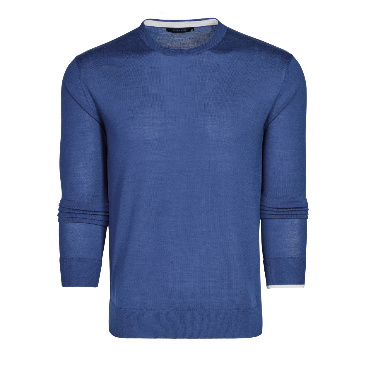 Greyson Saratoga crewneck sweater in blue with long sleeves and ribbed trim details