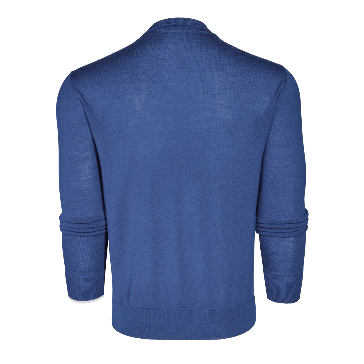 Greyson Saratoga Crewneck sweater in blue, shown from back view with ribbed collar and cuffs