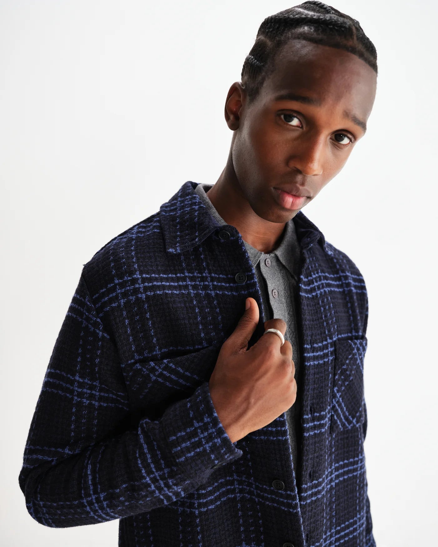 Wax London Whiting Overshirt Skate Check Navy Blue