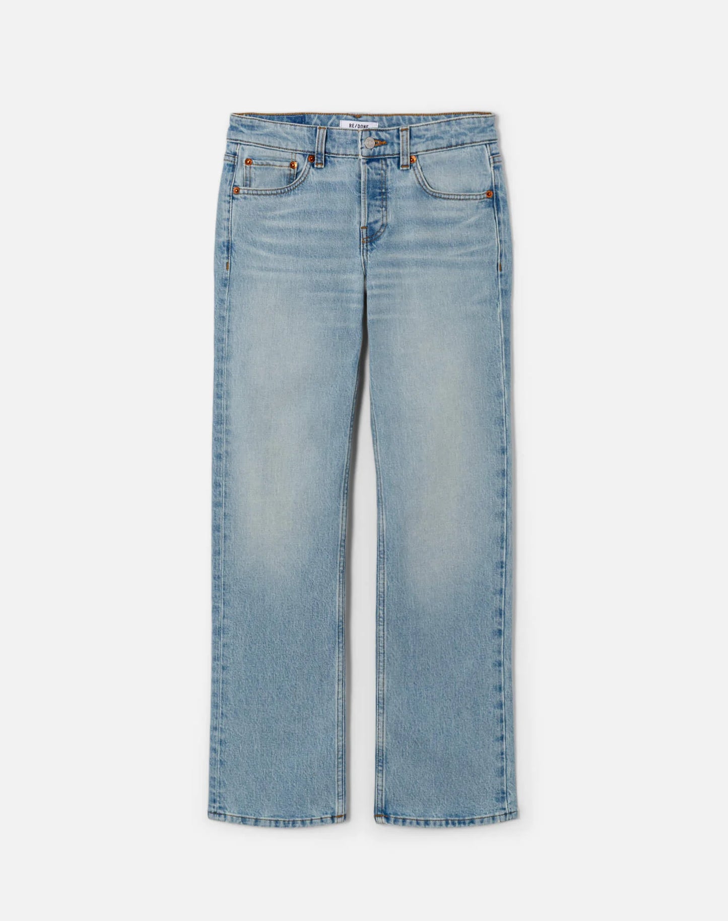 Re/Done light blue slim straight crop jeans with classic five-pocket styling and button fly closure.