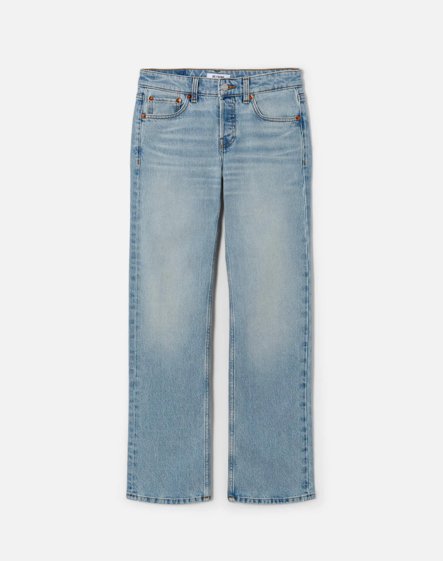Re/Done light blue slim straight crop jeans with classic five-pocket styling and button fly closure.