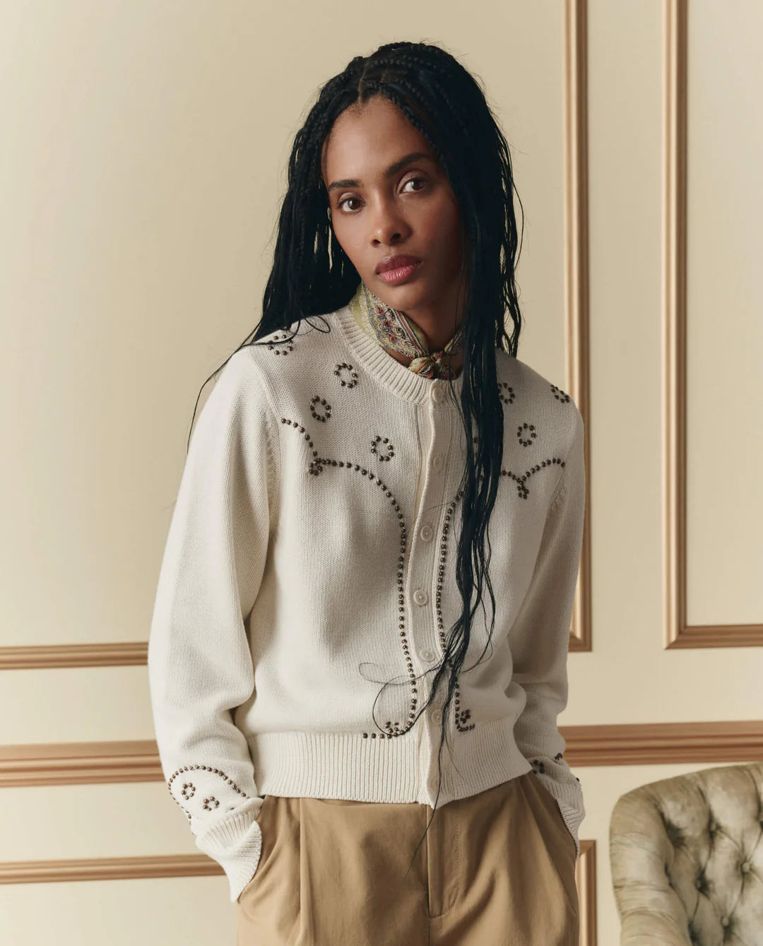 The Great studded cardigan in natural cream with decorative stud detailing and button front closure