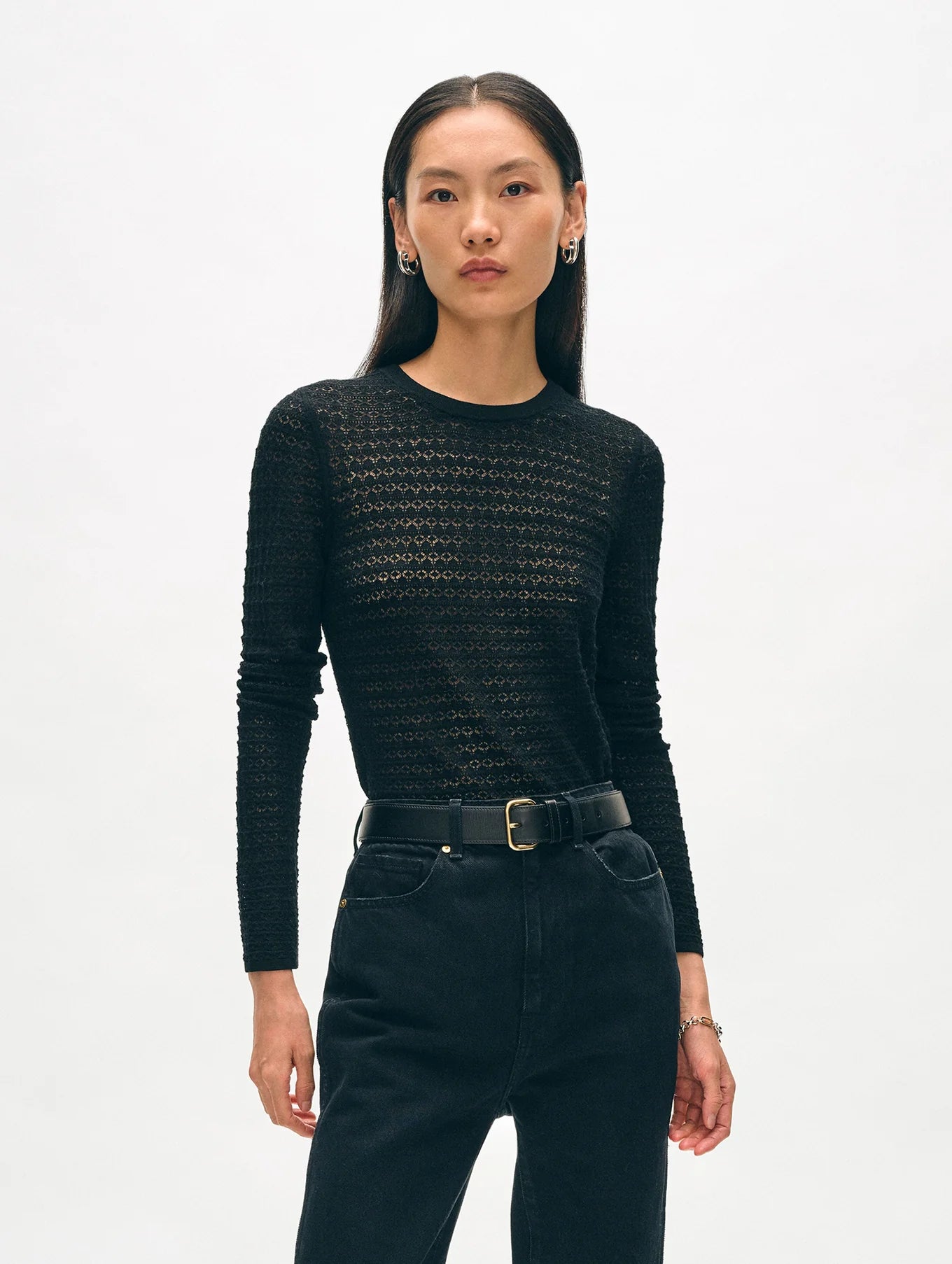 White + Warren Superfine Merino Lace Stitch Top Black