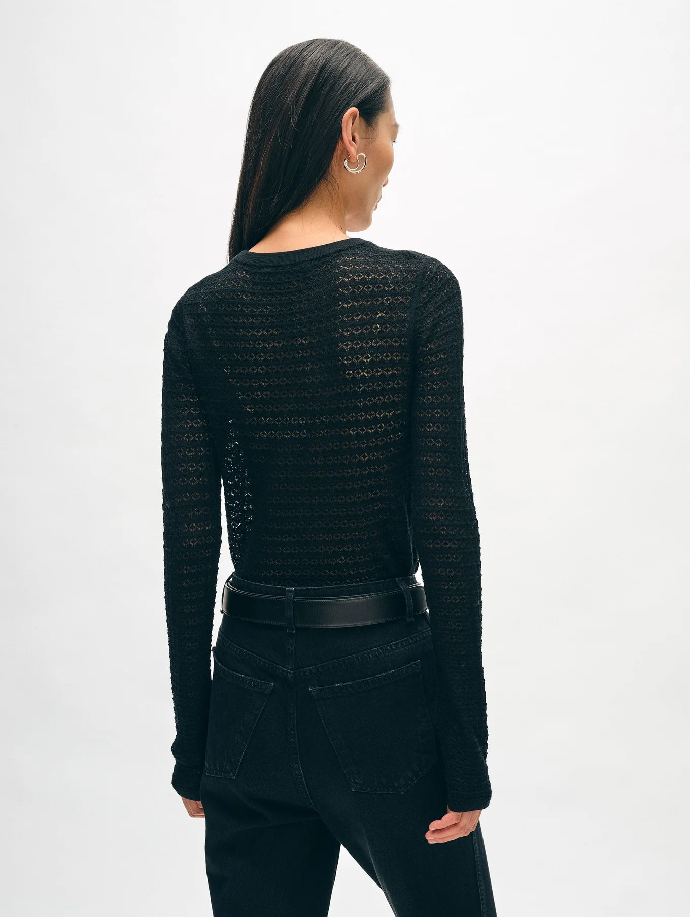 White + Warren Superfine Merino Lace Stitch Top Black