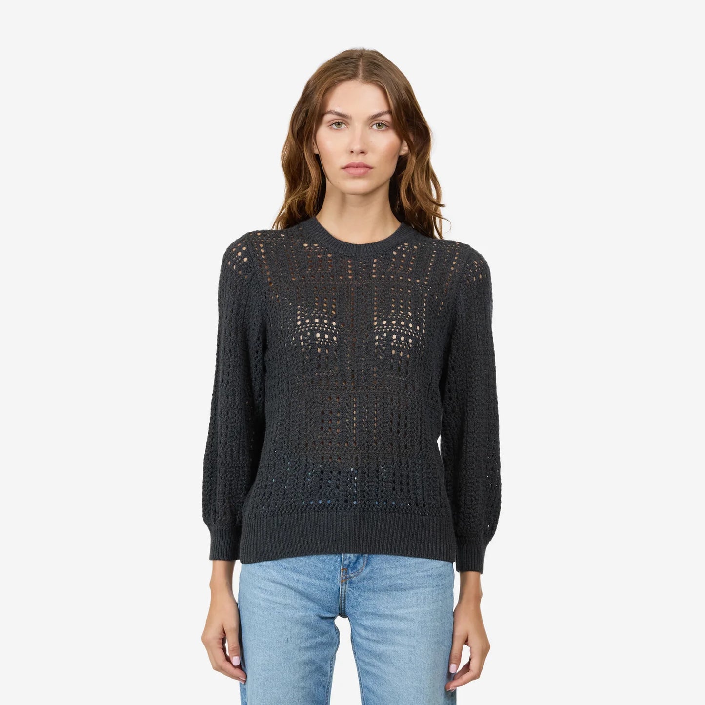 Autumn Cashmere Puff Sleeve Tile Stitch Crew