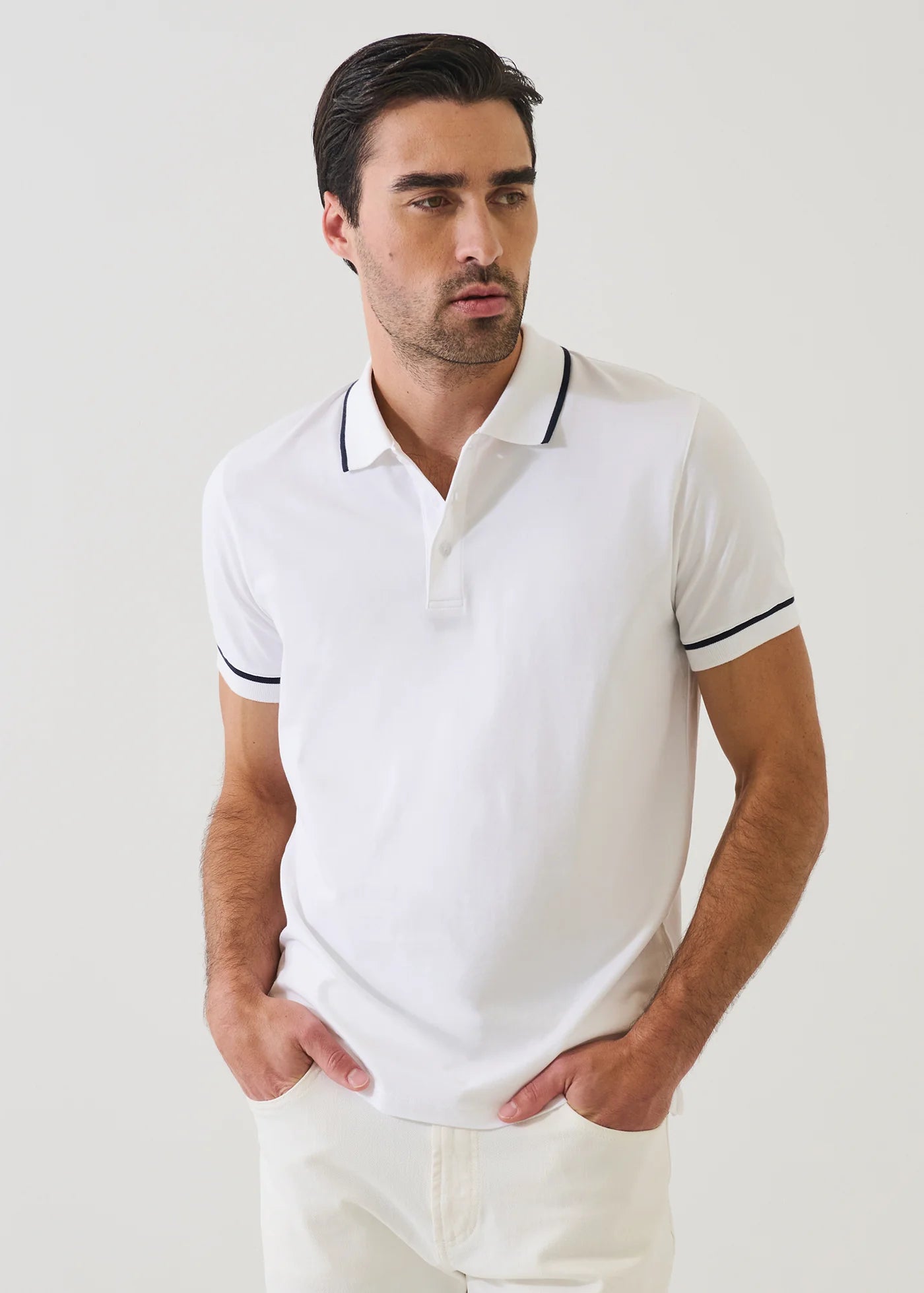 Patrick Assaraf men's white short sleeve pima cotton polo shirt with navy contrast tipping details
