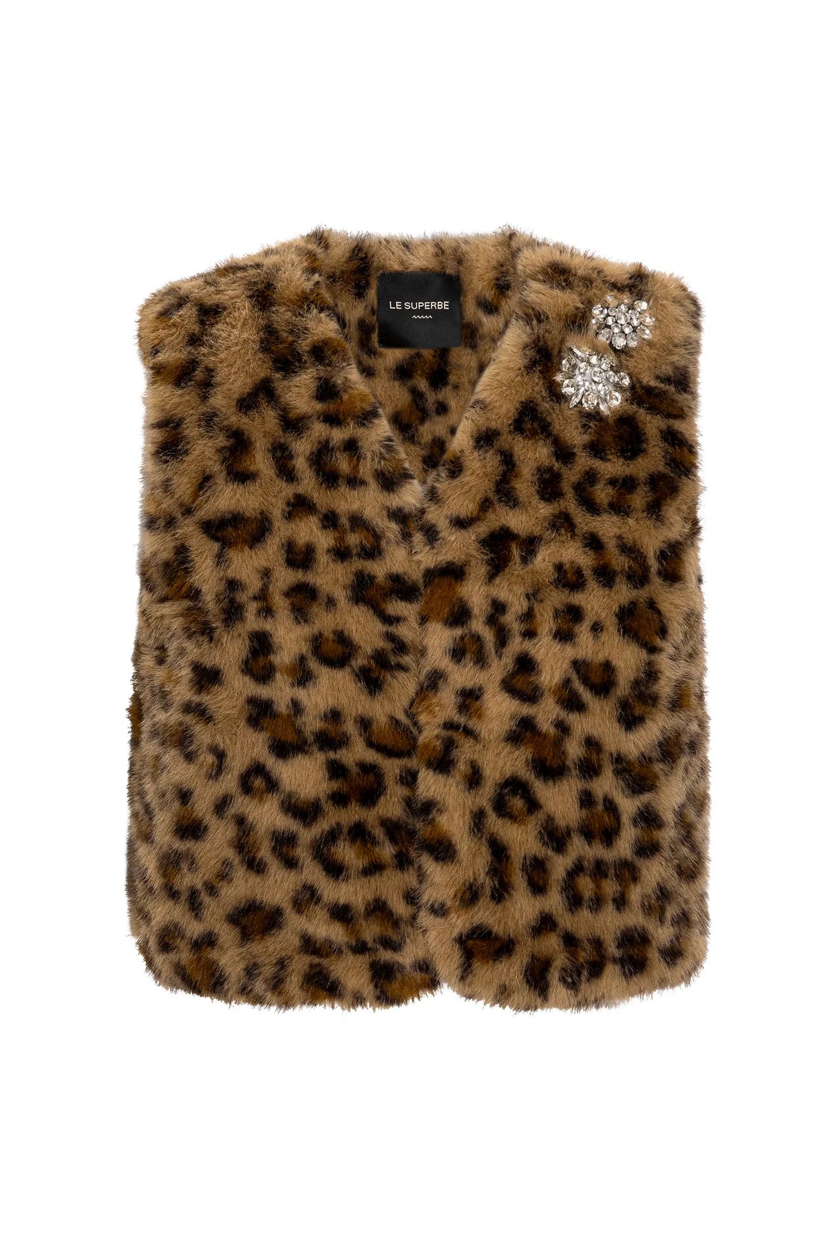 Le Superbe leopard print faux fur vest with crystal brooches and open front design