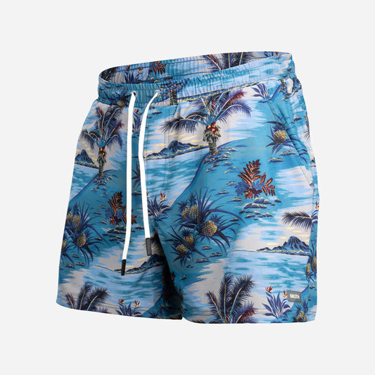 BN3TH Shoreline men's swim shorts featuring tropical Hawaiian print with palm trees, pineapples, and ocean scenery
