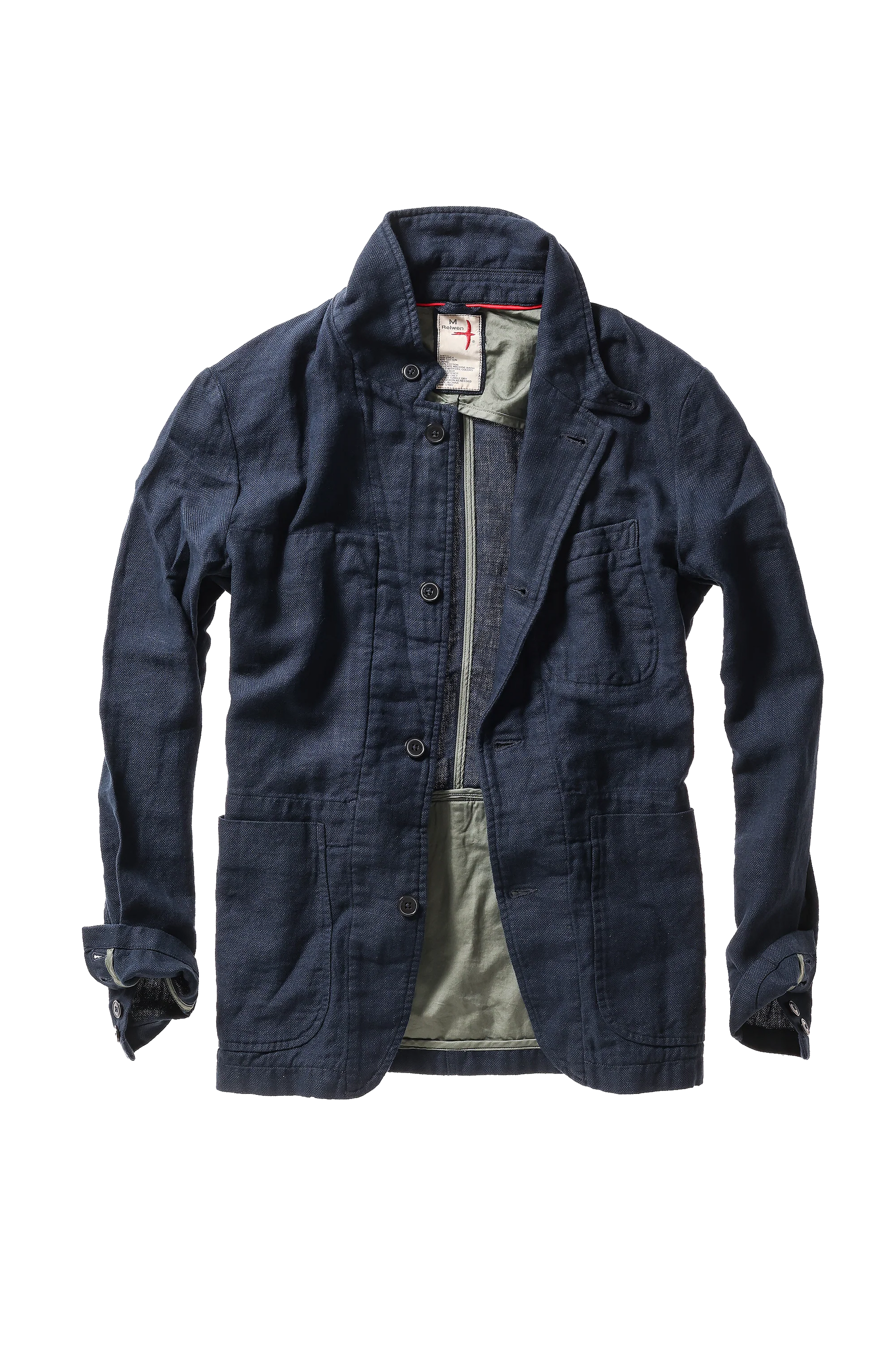 Relwen navy denim blazer with button front closure, multiple pockets, and rolled sleeves worn open over green shirt.