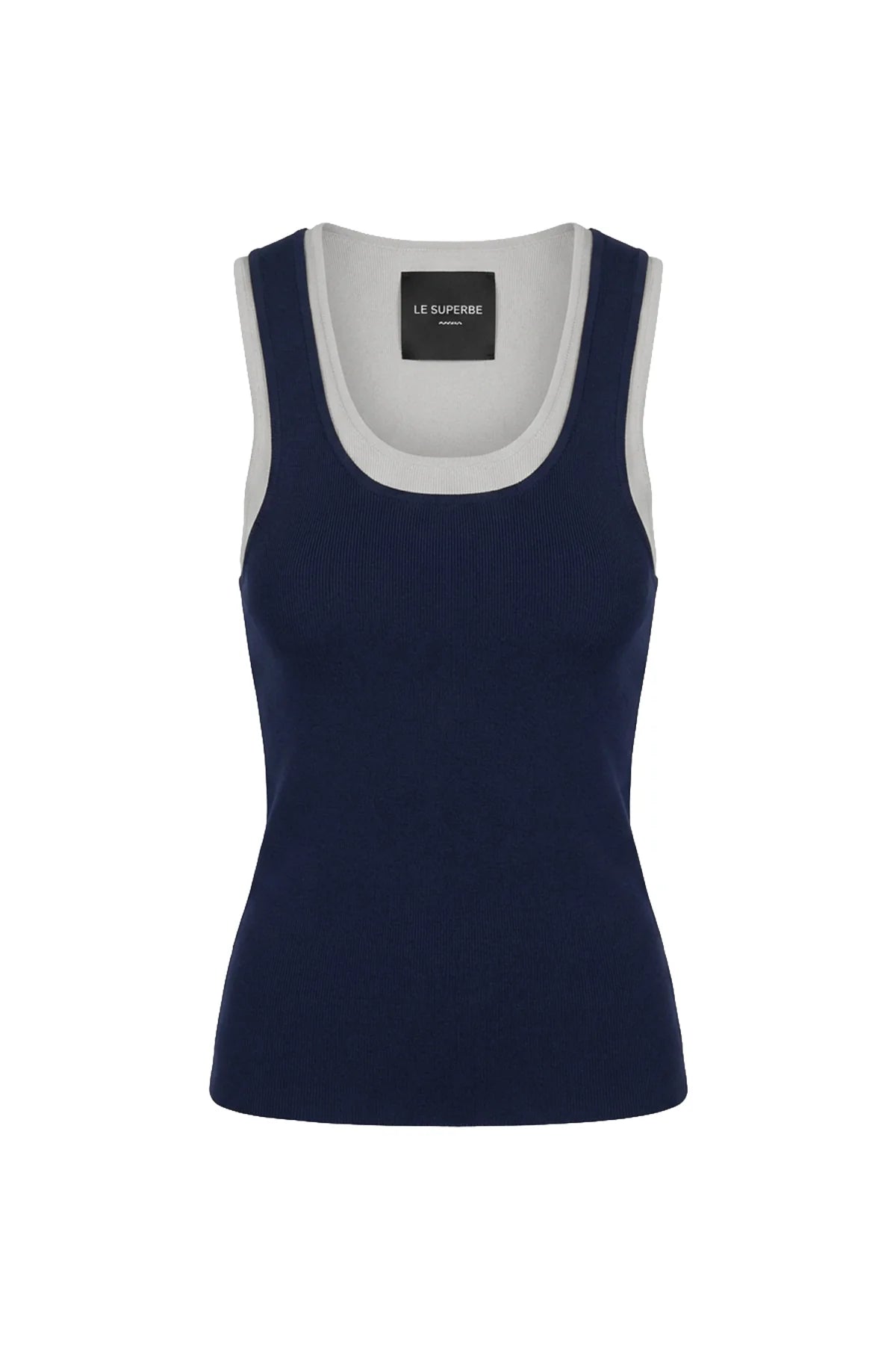 Le Superbe navy tank top with heather grey contrast trim and ribbed chest detail on white background.