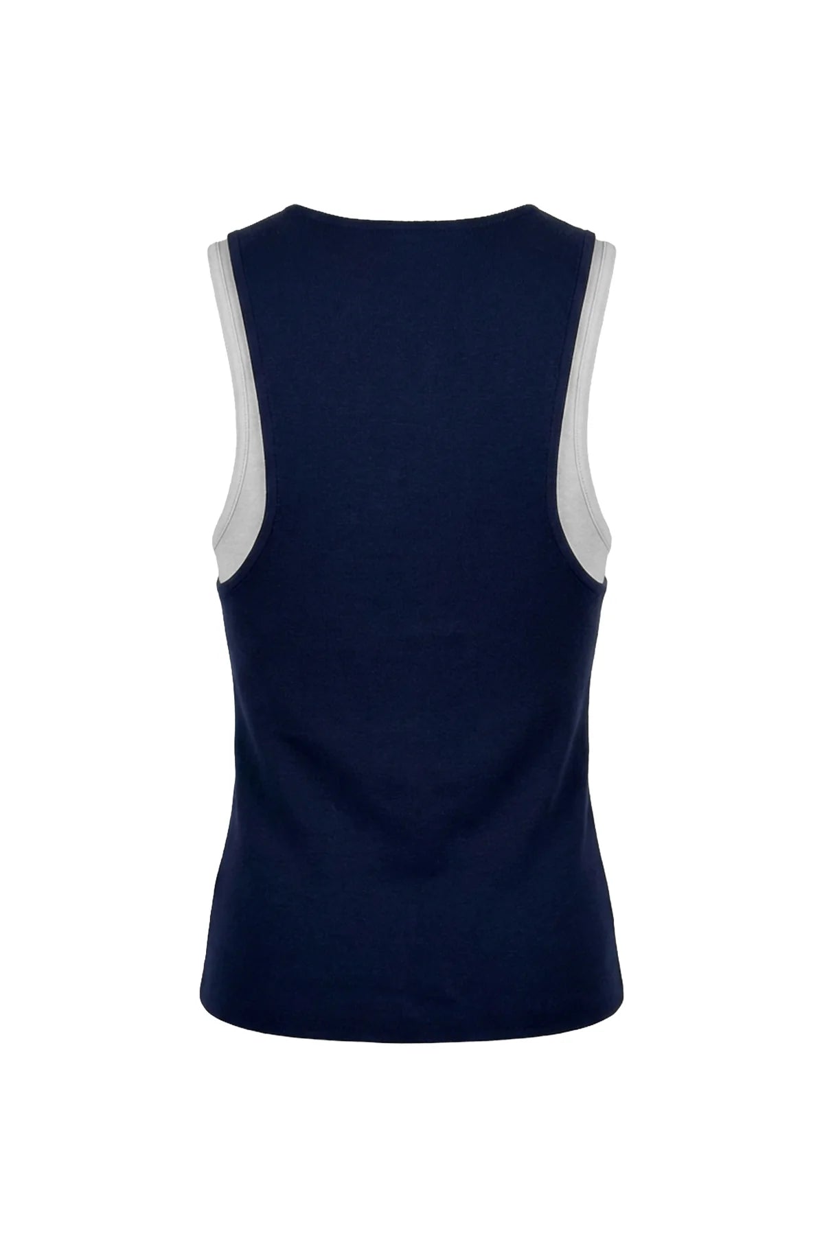 Navy blue tank top with light grey side panels and sleeveless athletic design, back view shown.