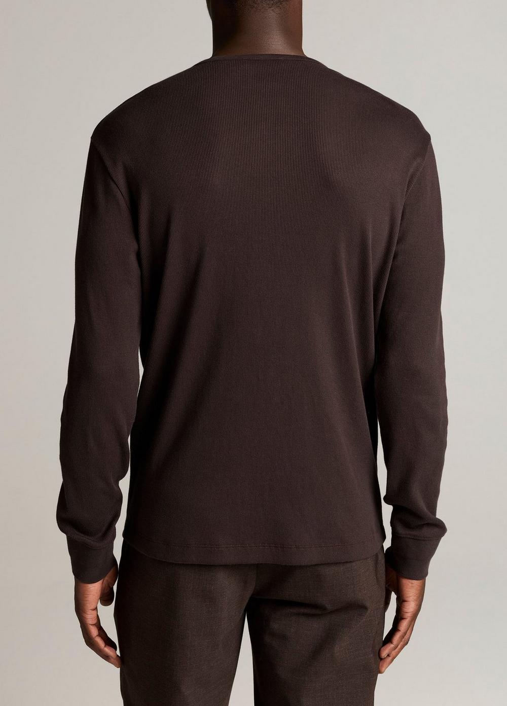 Back view of men's dark brown ribbed cotton long-sleeve henley shirt
