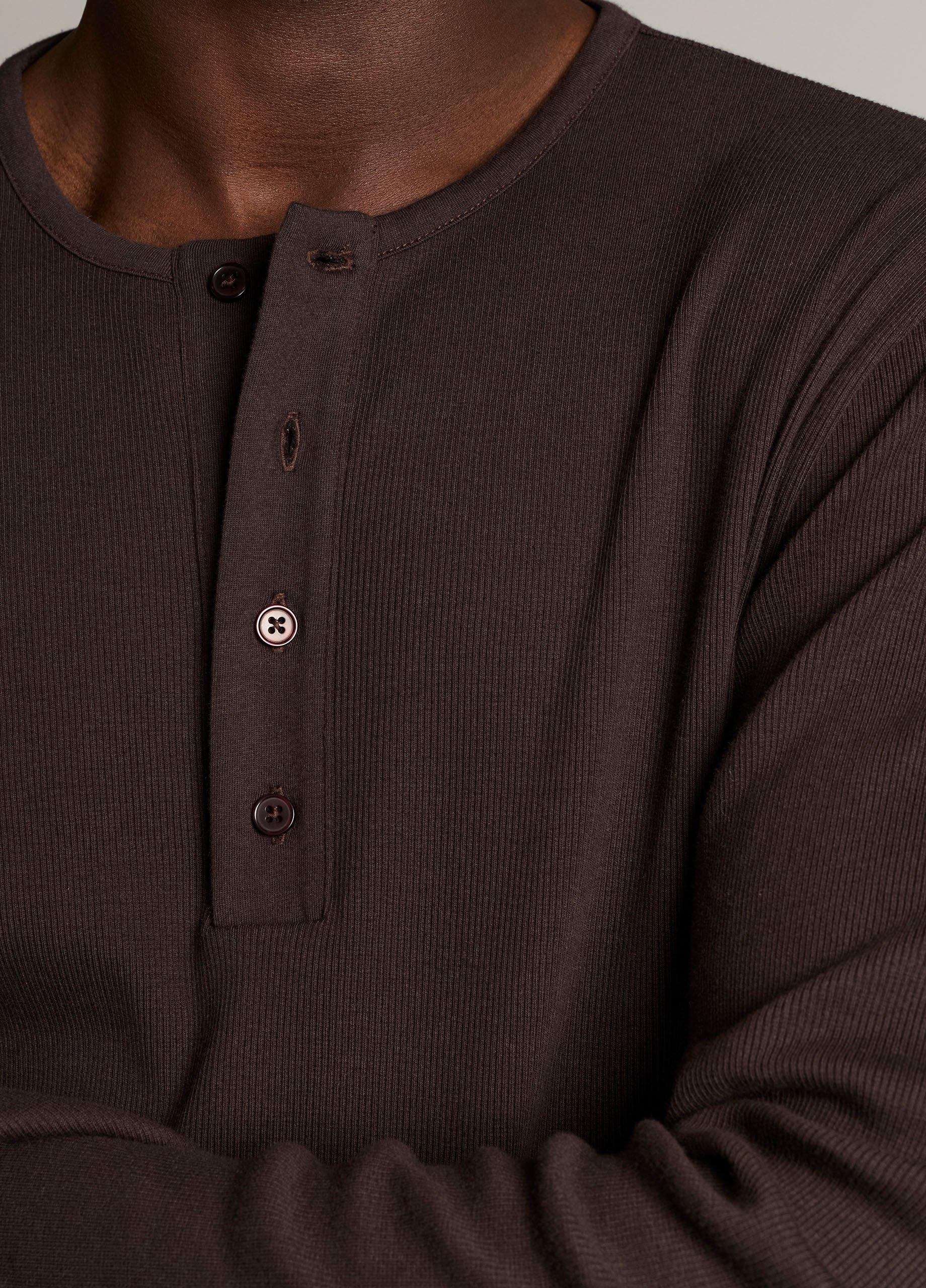 Dark brown ribbed cotton henley shirt with button placket shown on male model