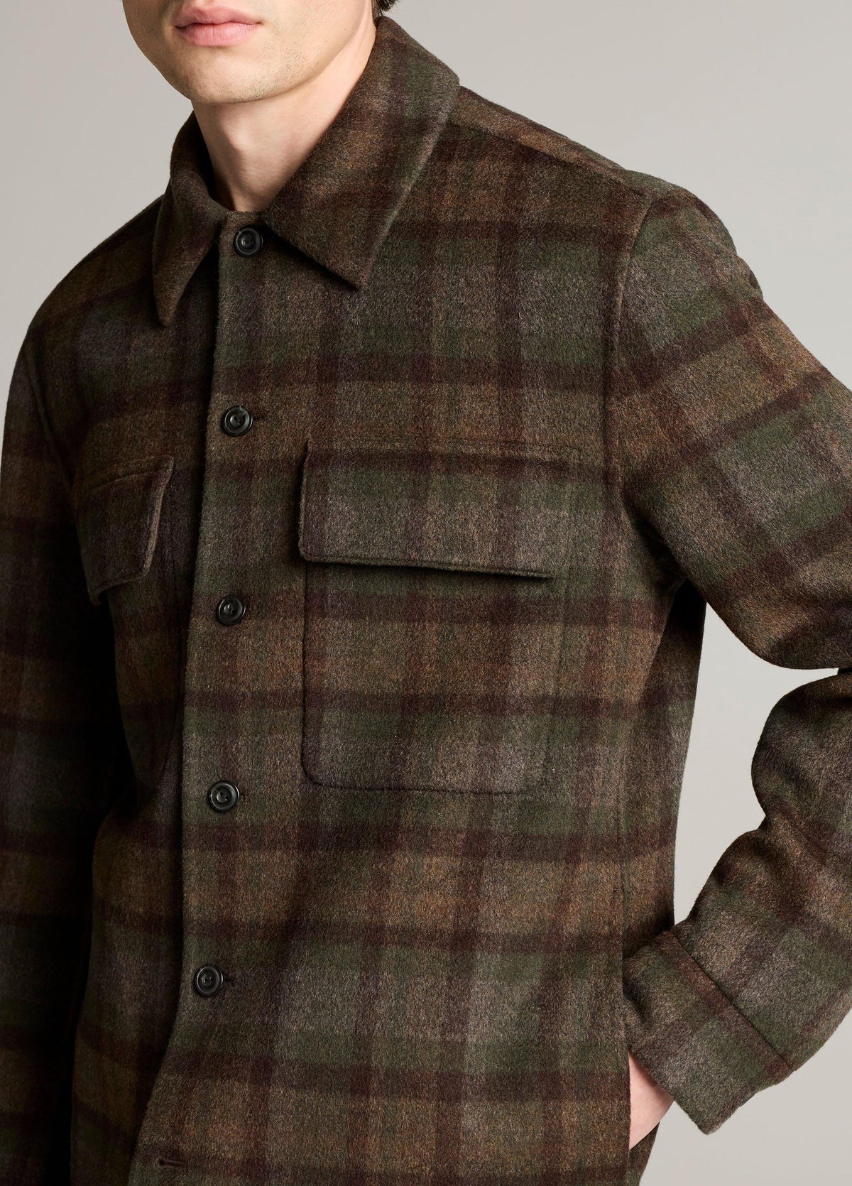 Men's wool-blend plaid shirt jacket in olive and brown tones with chest pocket