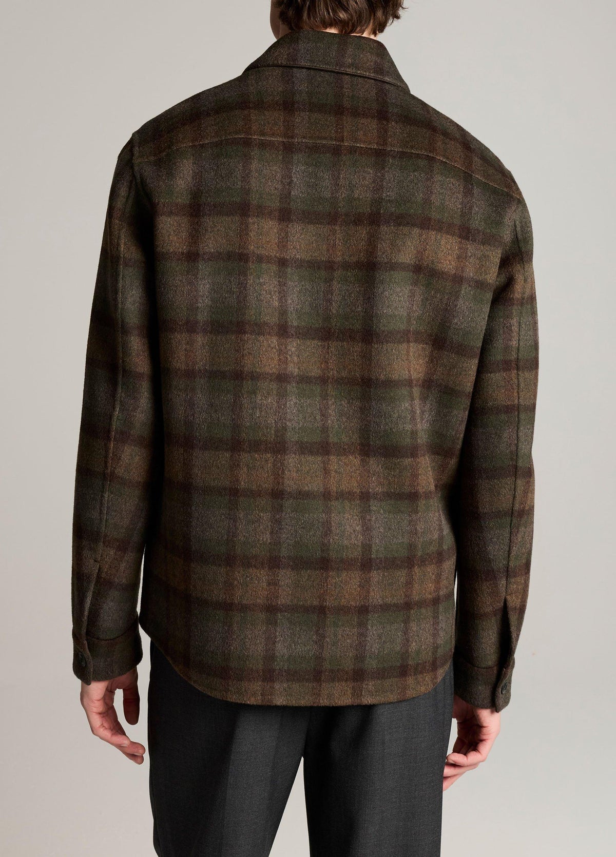 Back view of Vince plaid wool-blend shirt jacket in olive green and brown tartan pattern