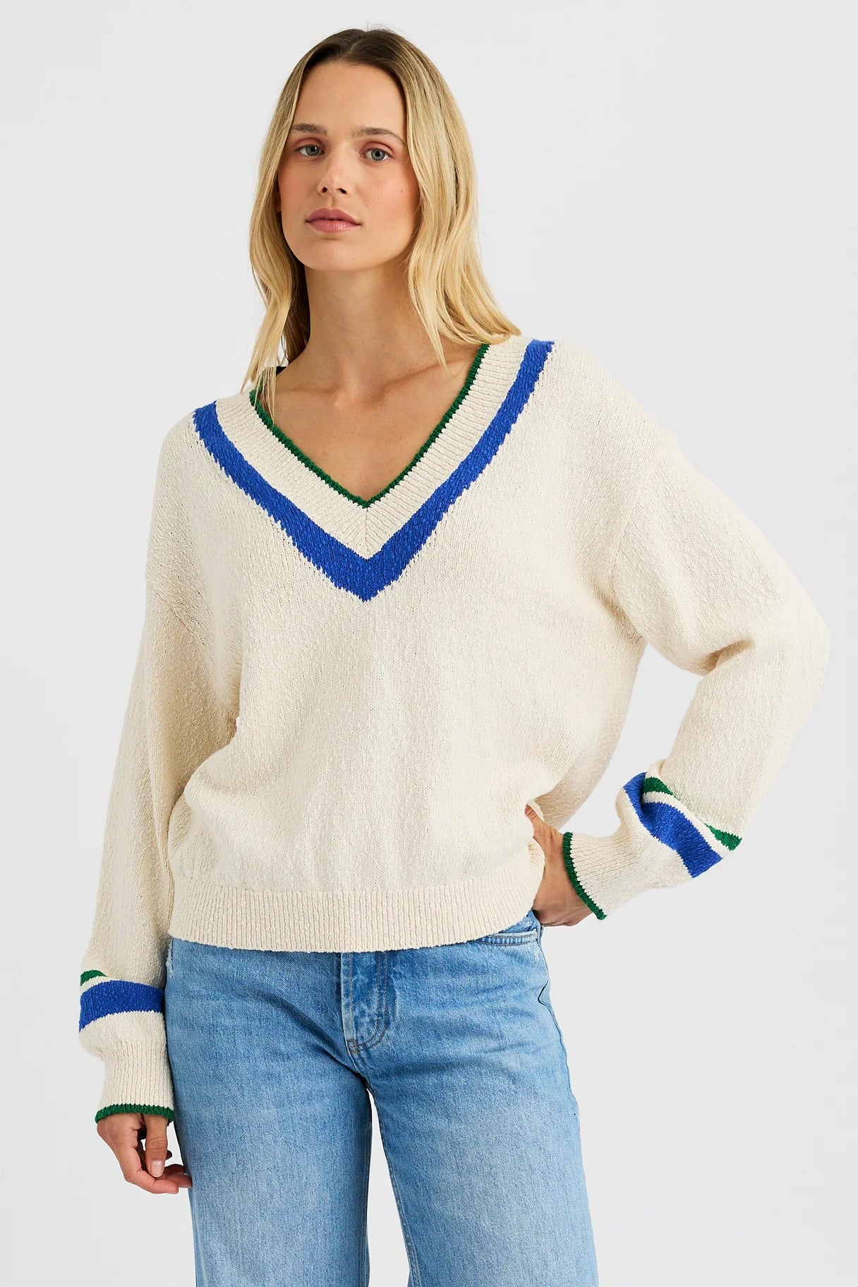 One Grey Day Venus V-neck sweater in cream with blue and green striped trim detail
