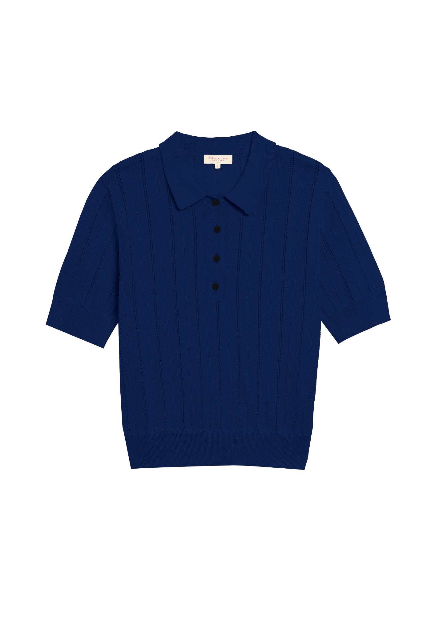 Demylee Vikki Pointelle Cotton Polo in Baltic Blue with dark buttons and collar