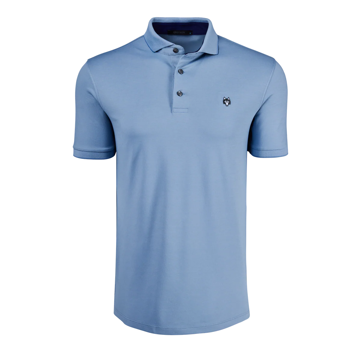 Greyson Crowley Icon Polo in light blue with three-button placket and wolf logo emblem
