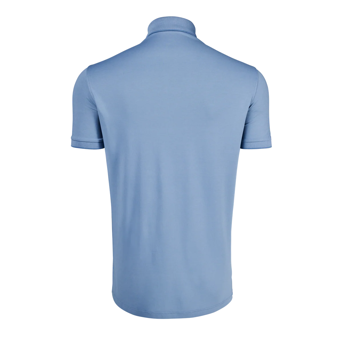 Back view of Greyson Crowley Icon Polo Bonneville showing light blue short-sleeve polo shirt with collar and ribbed trim.