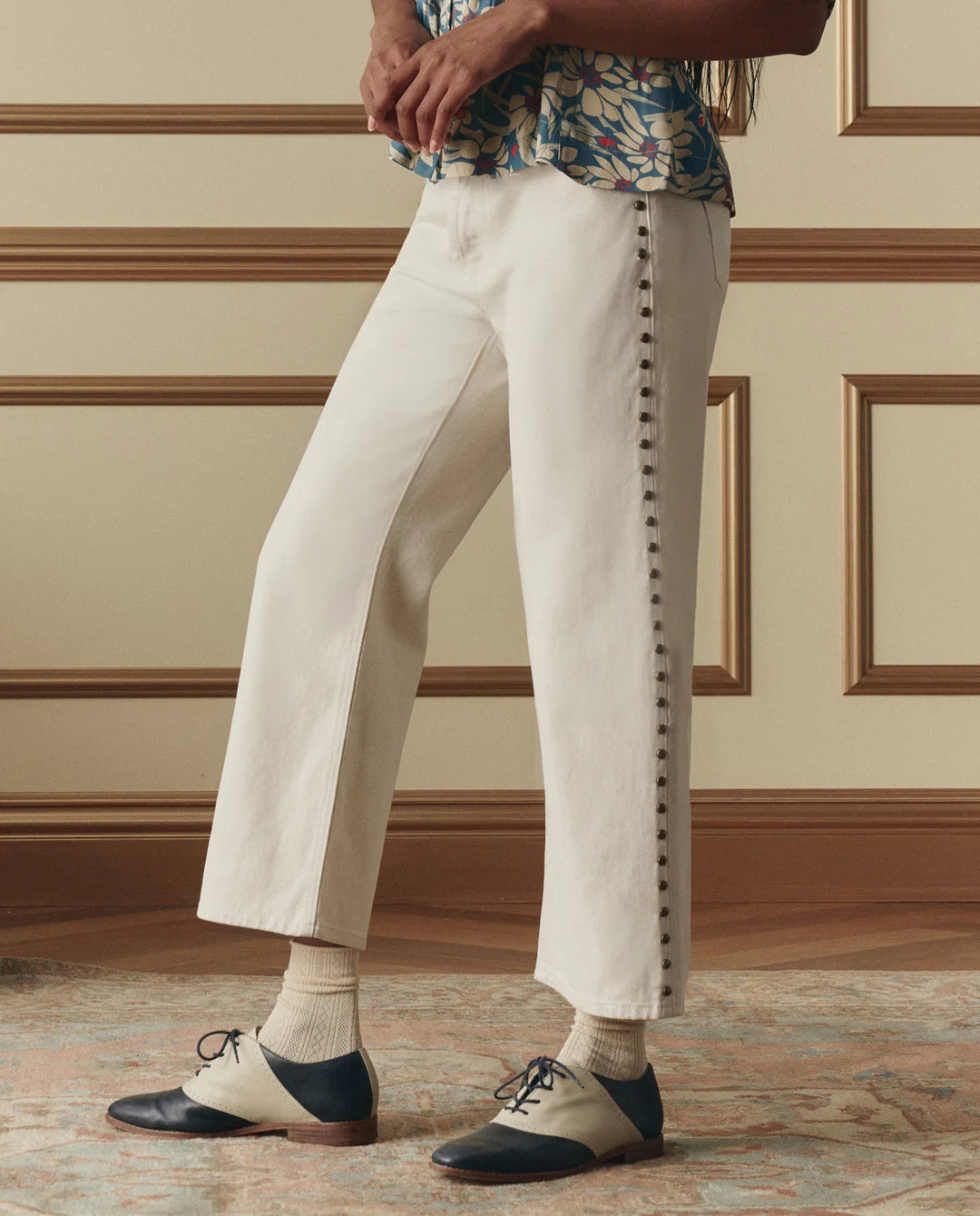 The Great The Studded Wayne Jean featuring white denim with decorative side stud detailing and cropped length.