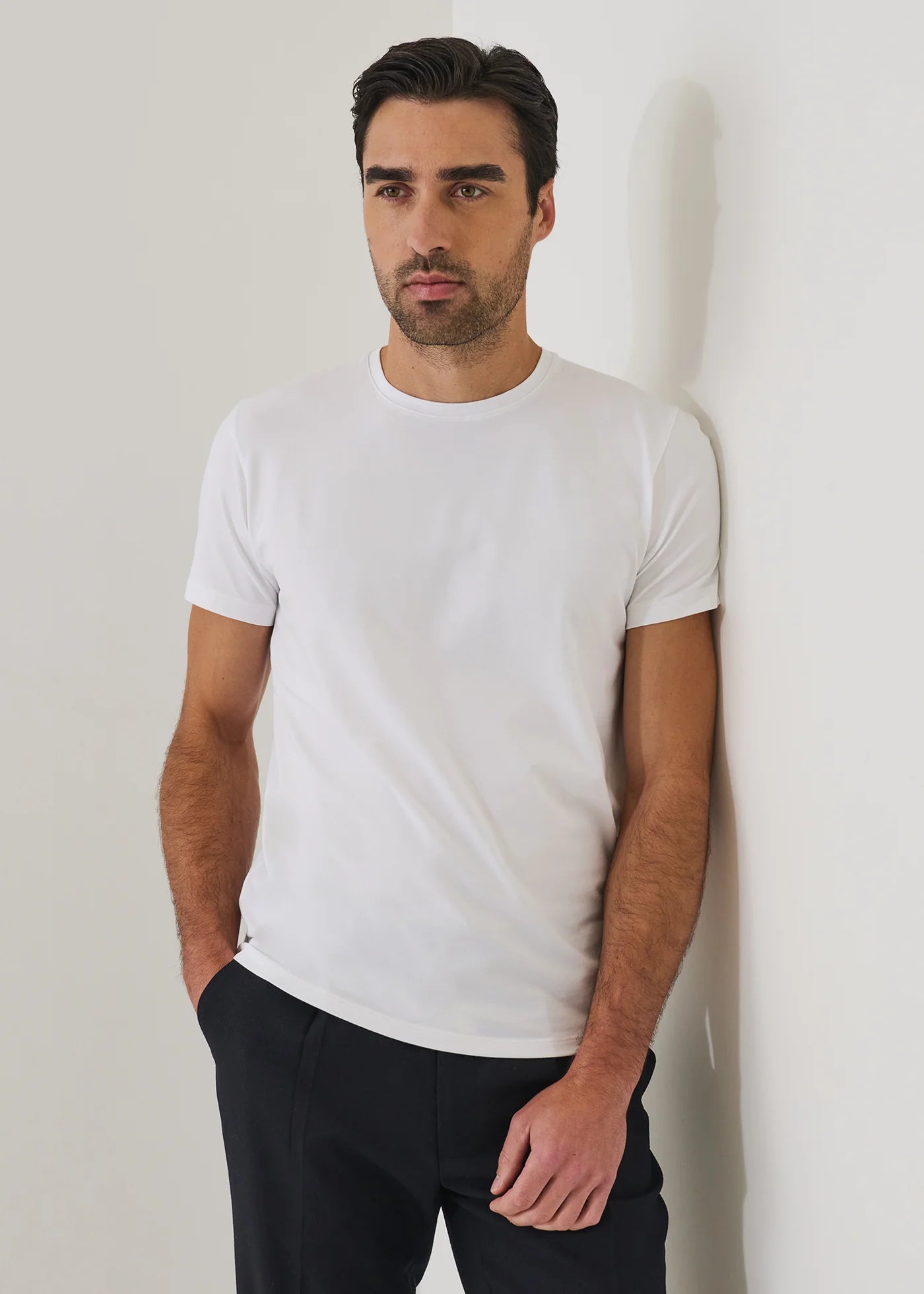 Patrick Assaraf white short-sleeve crew neck t-shirt in premium Pima cotton on male model