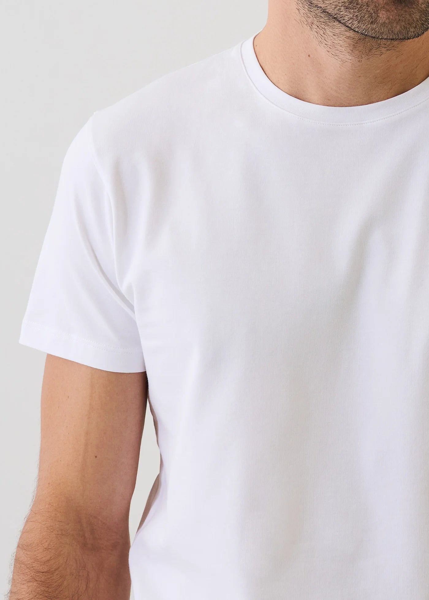 Patrick Assaraf white short-sleeve crew neck t-shirt in soft Pima cotton, shown on male model