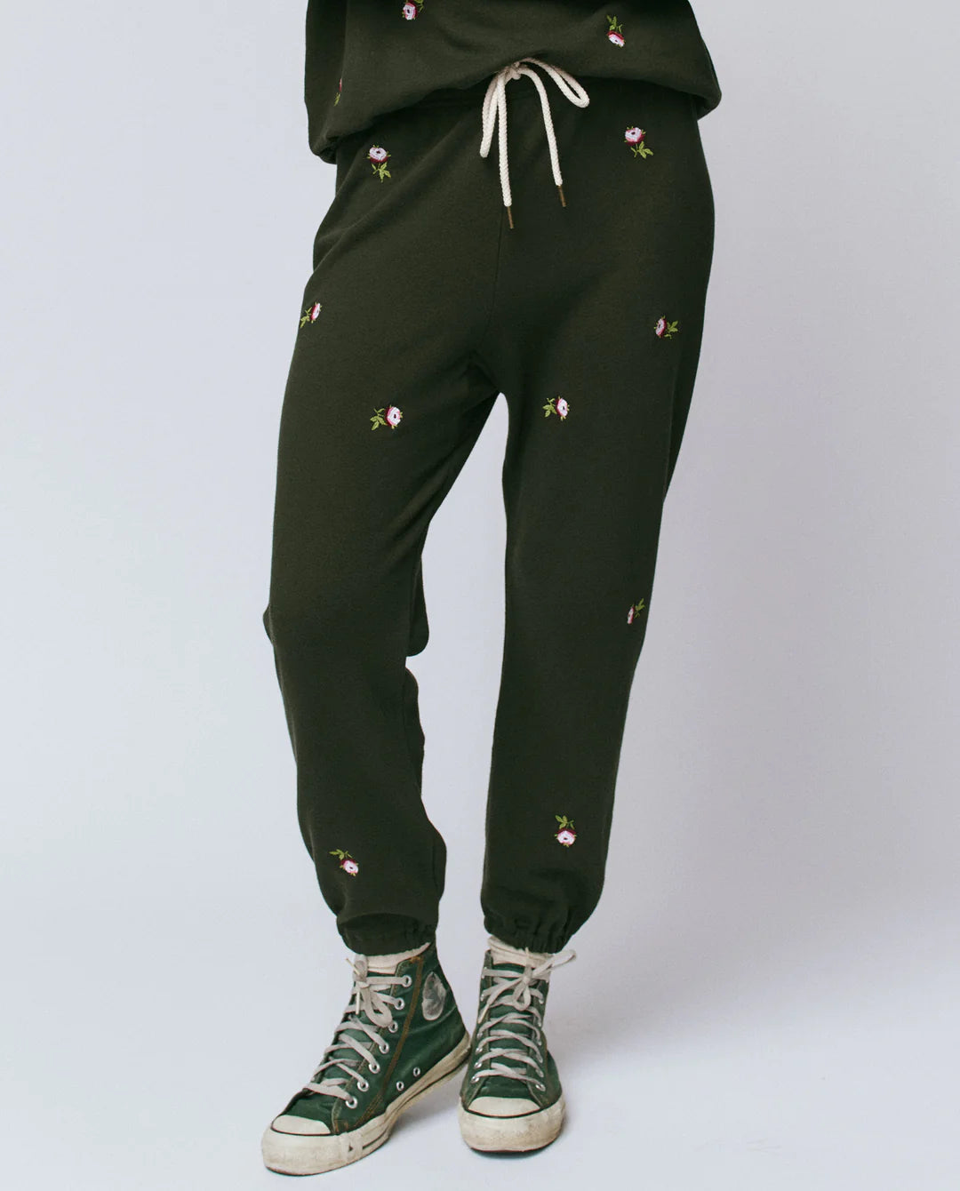The GREAT Stadium Sweatpant w/ Emb Roses Woodland Green