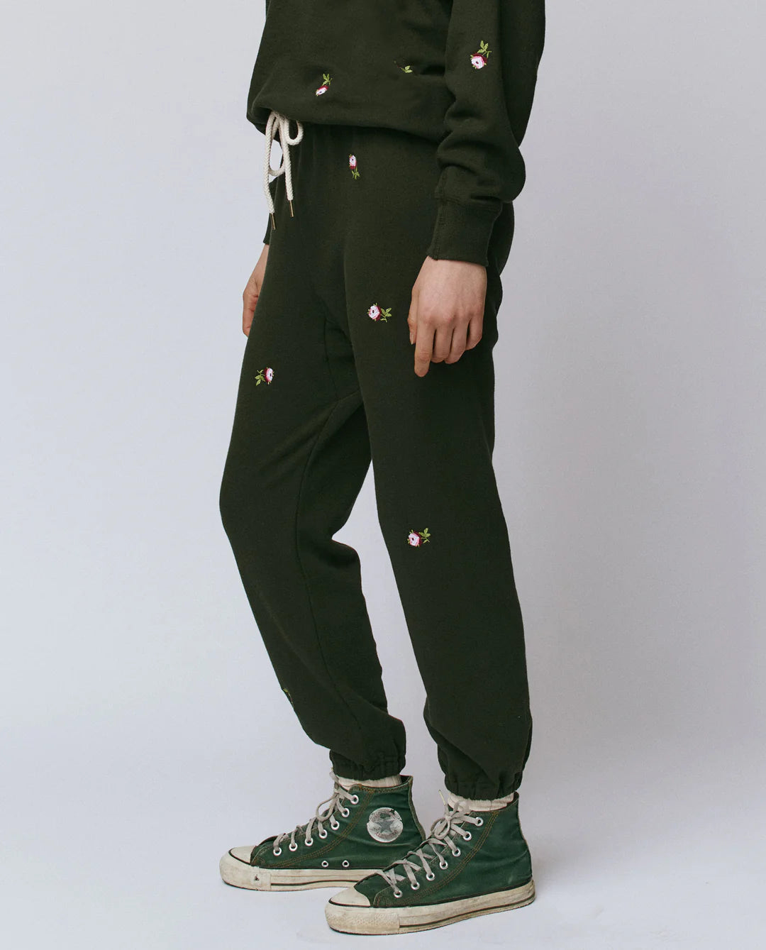 The GREAT Stadium Sweatpant w/ Emb Roses Woodland Green