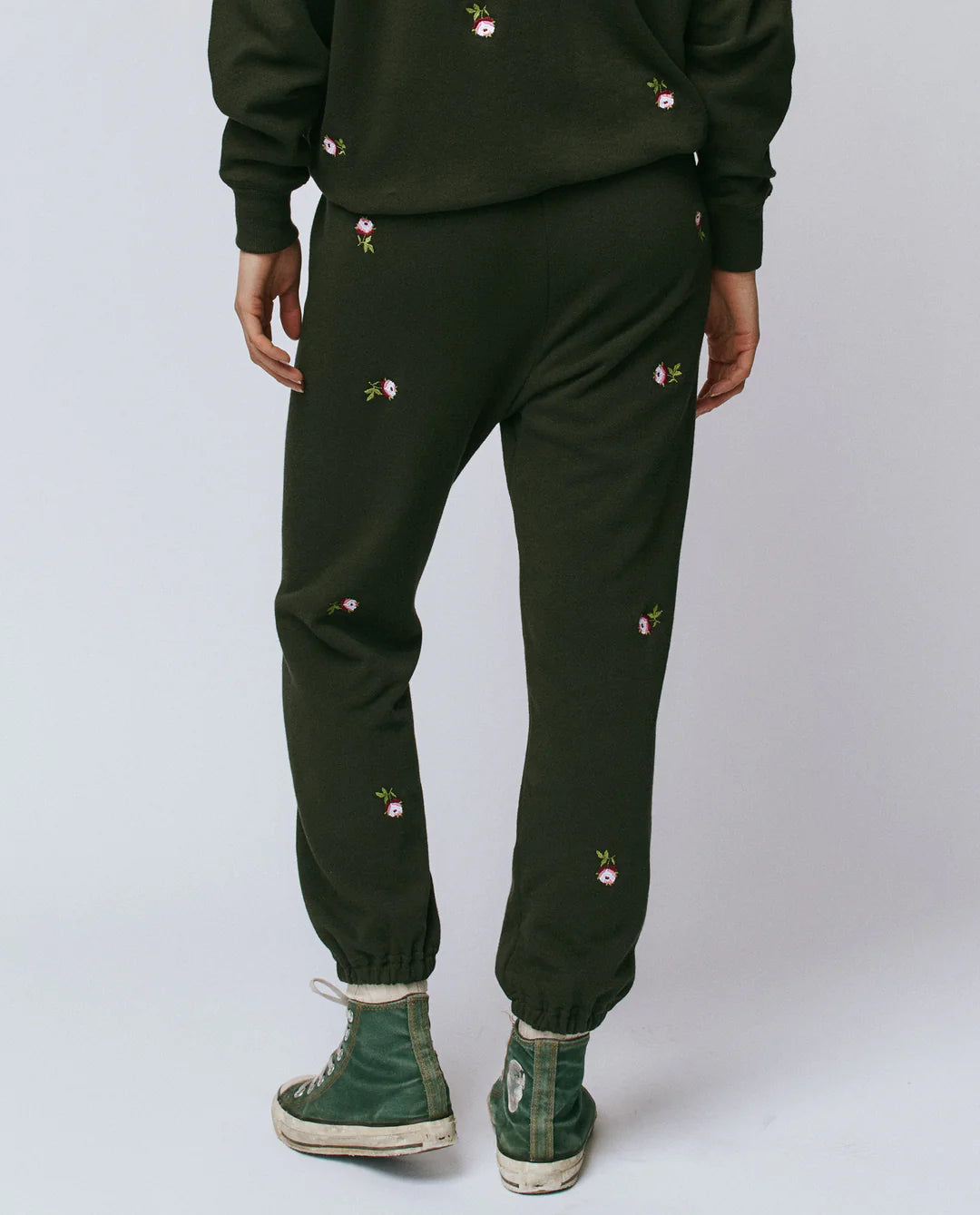 The GREAT Stadium Sweatpant w/ Emb Roses Woodland Green