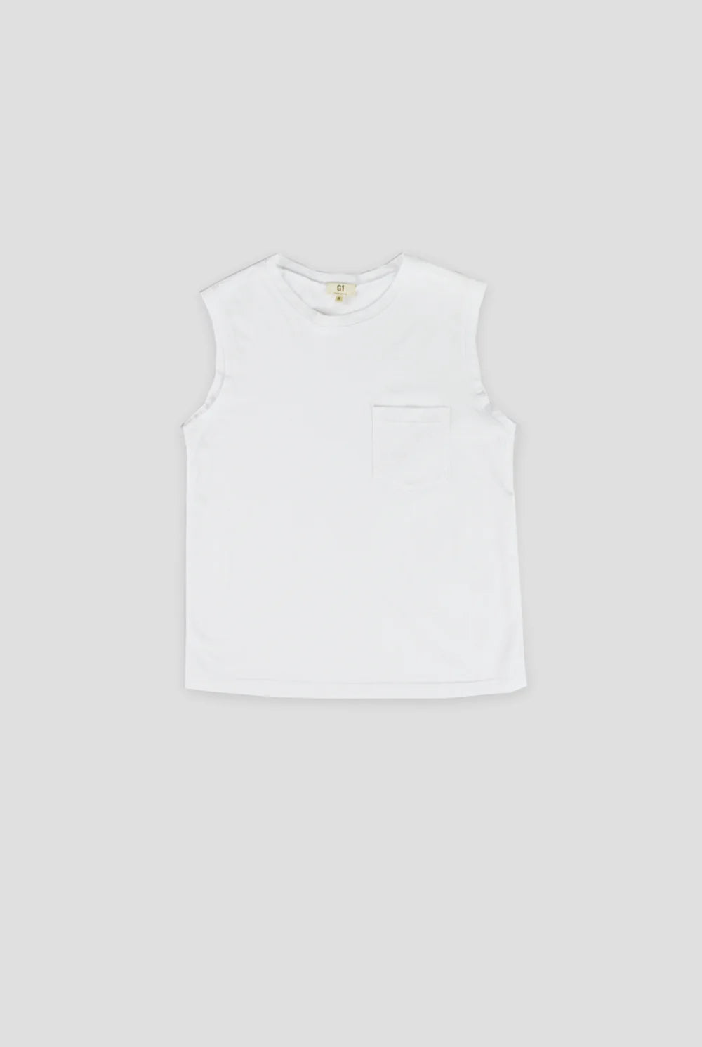 G1 white sleeveless tank top with front chest pocket and crew neckline